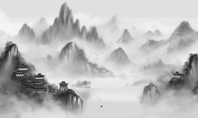 阁楼云雾水墨山水画国画中国风背景图,插画/手绘图,插画/手绘图库,插画/手绘图下载,插画/手绘